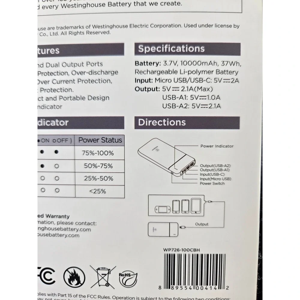 Westinghouse 10000mAh‎ Mobile Power Bank Dual USB Portable Charger WP726-100CBH
